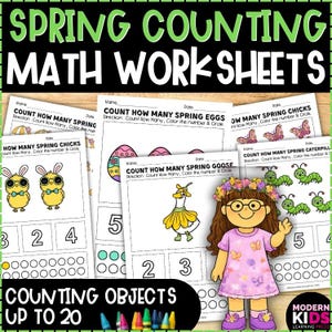 Pode incluir: Folhas de trabalho de matemática com o tema da primavera com o texto "SPRING COUNTING MATH WORKSHEETS". As folhas de trabalho apresentam exercícios de contagem com imagens relacionadas à primavera. As folhas de trabalho são projetadas para contar objetos até 20.