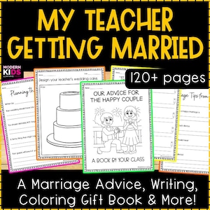 Peut inclure: Un livre coloré intitulé "MY TEACHER GETTING MARRIED" avec le texte "A Marriage Advice, Writing, Coloring Gift Book & More!". Le livre comprend des pages de conseils, de dessin et de coloriage, avec plus de 120 pages. La couverture représente un couple.