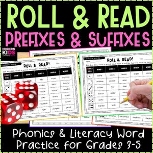 Puede incluir: Recurso educativo con el texto "ROLL & READ PREFIXES & SUFFIXES". La imagen presenta hojas de trabajo con listas de palabras y dados, diseñadas para la práctica de la fonética y la alfabetización. Las hojas de trabajo son para los grados 3-5.