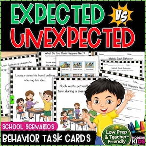Op de afbeelding: Educatieve werkbladen getiteld Expected vs Unexpected met cartoonillustraties van schoolsituaties, kinderen in de klas en activiteiten voor het matchen van gedrag. De pagina's bevatten tekst, selectievakjes en een lachende jongen in een geel shirt.