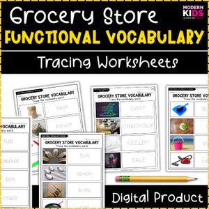 May include: Digital educational product with grocery store vocabulary tracing worksheets. The worksheets include words such as "sack", "cart", "fork", and "spoon", with related images. A yellow pencil is also visible.