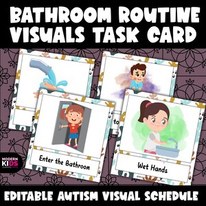 Könnte beinhalten: Ein Set von visuellen Aufgabenkarten für die Badezimmerroutine mit Cartoon-Illustrationen von Kindern bei der Hygiene. Die Karten enthalten Textbeschriftungen wie Enter the Bathroom und Wet Hands auf einem dunklen Hintergrund mit Muster.