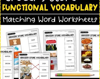 Grocery Store Functional Vocabulary Matching Worksheets | Life Skills Word Matching Activities | Special Education ESL PDF