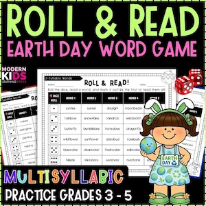 Op de afbeelding: Een kleurrijk Earth Day-woordspel met de titel "Roll & Read" voor groep 3-5. Het spel bevat een raster met woorden, dobbelstenen en een cartoonmeisje met een wereldbol. Het spel is ontworpen om meerlettergrepige woorden te oefenen.