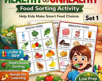 Healthy Unhealthy Food Sorting Activity | Special Ed Life Skills Nutrition | 95 Cards Visual Sort Coloring | Autism Homeschool PDF Set 1
