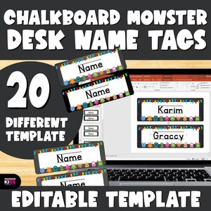 Puede incluir: Una plantilla digital para 20 etiquetas de nombre para escritorio con diseño de monstruos y pizarra, mostrada en una pantalla de portátil. Las etiquetas rectangulares tienen un fondo negro, una guirnalda de colores y pequeños monstruos.