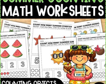 Summer Counting Worksheets to 20 | Kindergarten Number Sense Math Activities | Count Objects One to One | No Prep Printable PDF Summer Math
