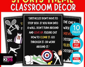 Sports Theme Motivational Posters | Classroom Bulletin Board Decor | Inspirational Quote Display | Back to School PDF PNG No Prep Printable