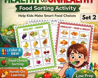 Healthy Unhealthy Food Sorting Set 2 | Special Ed Life Skills Nutrition | 119 Cards Word Search Awards | Autism Homeschool Prep PDF Activity