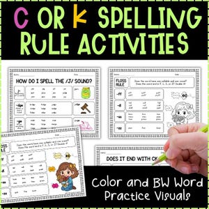 Könnte beinhalten: Lernarbeitsblätter mit den Titeln C OR K SPELLING RULE ACTIVITIES, HOW DO I SPELL THE /J/ SOUND?, FLOSS RULE und DOES IT END WITH CK. Die Seiten enthalten Tabellen, Grammatikregeln und Illustrationen eines Glases, eines Hammers und einer Biene.