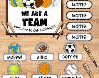 Editable Sports Name Tags & Desk Plates | Basketball Baseball Rugby Volleyball Classroom Decor