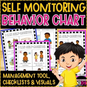 May include: A colorful educational chart titled "Self Monitoring Behavior Chart" with the text "I Can Self-Monitor" and illustrations. The chart includes the text "Management Tool, Checklists & Visuals" and a cartoon of a child.