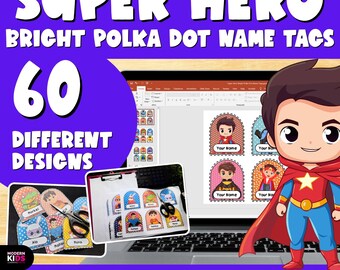 Super Hero Bright Polka Dot Name Tags | Editable Classroom Desk Name Plates | Superhero Classroom Decor | Student Labels
