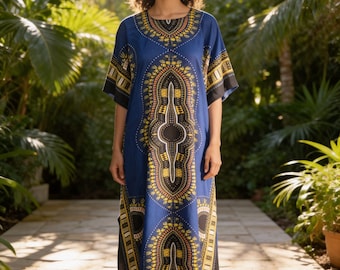 Vestido caftán estampado a mano, corte holgado, estilo bohemio playero, ideal para el verano.