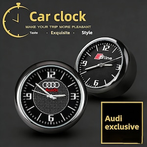 May include: Two black car clocks with silver rims. One clock features the Audi logo in red, the other has the S line logo. The clocks have white numerals and hands. The text "Car clock" is at the top.
