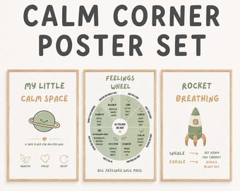 Calm Corner Poster Set for Kids | Feelings Wheel & Breathing Posters | Emotional Regulation Printable Wall Art | Kids Calm Down Corner Decor