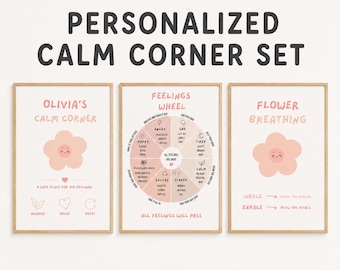 Personalized Calm Corner Set for Kids, Feelings Wheel Poster, Flower Breathing Printable, Emotional Regulation Wall Art, Girls Calm Decor
