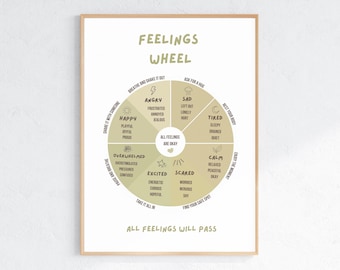 Feelings Wheel Printable for Kids, Neutral Calm Corner Decor, Emotional Regulation Poster, Kids Emotions Chart, Therapy Office Wall Art
