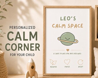 Gepersonaliseerde Calm Corner-afdrukbare set voor kinderen | Aangepaste naam muurkunst | Posters over emotionele regulatie voor kinderen | Ruimtethema Kalm hoekdecor