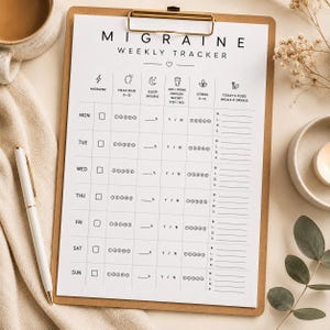 Peut inclure: Un presse-papiers avec un suivi hebdomadaire imprimé des migraines. Le suivi comprend des sections pour surveiller la migraine, les maux de tête, le sommeil, l'apport en eau, le stress et l'alimentation. Un stylo blanc avec des accents dorés repose à gauche.