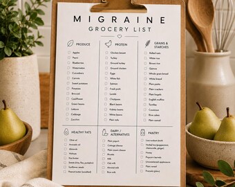 Migraine Grocery List Printable | Migraine Friendly Foods | Wellness Grocery Checklist | Instant Download | JPG US Letter + A4