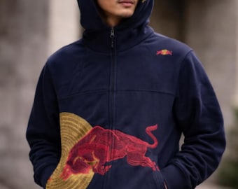 Handmade Hoodie Embroidered Zip-Up Hoodie – Charging Bull Japanese Style Streetwear F1 Hoodie Multilple Colors