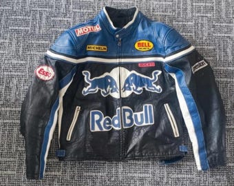Unisex Vintage Red Bull Motorcycle Leather Racing Jacket Real Cowhide Biker Jacket F1 Motorsport Outerwear Stylish Wears Gift For Him