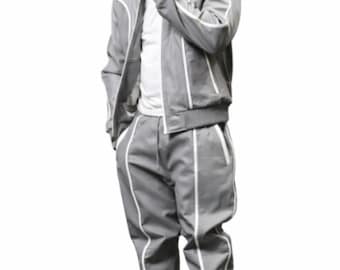 Handmade Men's BRAYDEN leather tracksuit [Grey/White] Sweat Suit Real lambskin leather