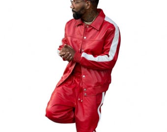 Handmade Men's BRAYDEN leather tracksuit (Red/White) Sweat Suit Real lambskin leather