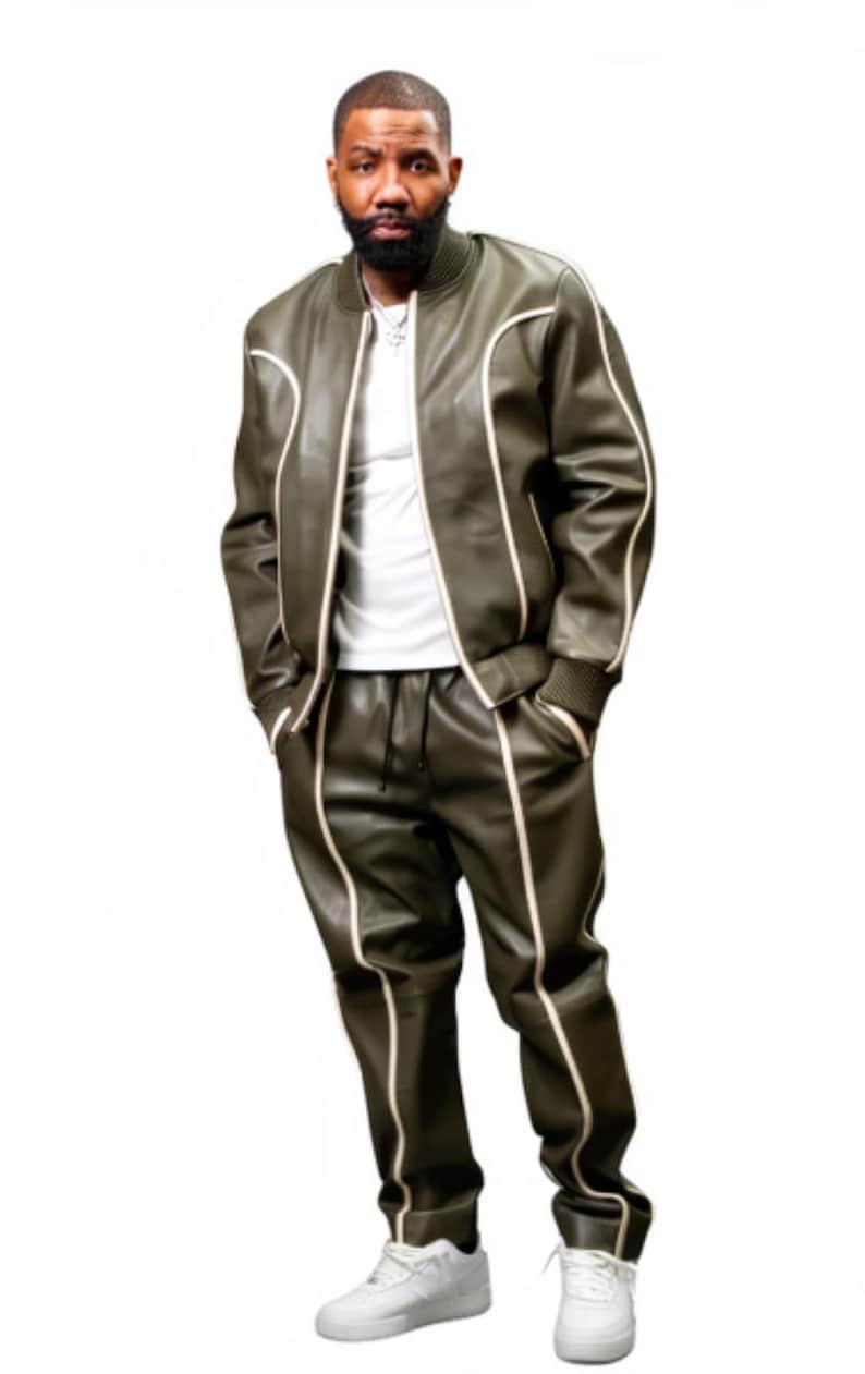 May include: Olive green leather tracksuit with white piping. The jacket is a bomber style with a zipper closure. The pants have a drawstring waist. The outfit is paired with white sneakers. The model is wearing a white t-shirt underneath.