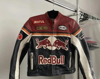 Unisex Vintage Red Bull Motorcycle Leather Racing Jacket Real Cowhide Biker Jacket F1 Motorsport Outerwear Stylish Wears Gift For Him