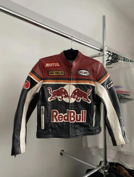 Unisex Vintage Red Bull Motorcycle Leather Racing Jacket Real Cowhide Biker Jacket F1 Motorsport Outerwear Stylish Wears Gift For Him
