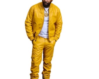 Handmade Men's BRAYDEN leather tracksuit (Yellow) Sweat Suit Real lambskin leather