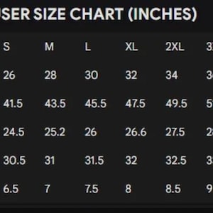 May include: A black and white pants/trouser size chart in inches. Measurements include waist, hip, thigh, hem to length, and bottom, with sizes ranging from S to 5XL. The chart is designed to help customers find the right fit.
