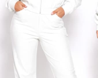 Handmade Women's Leather Tracksuit White Vintage Track Suit Real Genuine Lambskin Leather Gym Wear Outfit
