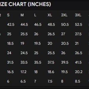May include: A jacket size chart in inches, with measurements for chest, back length, shoulder, sleeve, hip, bicep, and cuff. Sizes range from S to 5XL, with corresponding measurements in inches for each size. The chart is displayed on a dark background.