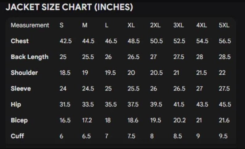 May include: A jacket size chart in inches, with measurements for chest, back length, shoulder, sleeve, hip, bicep, and cuff. Sizes range from S to 5XL, with corresponding measurements in inches for each size. The chart is displayed on a dark background.