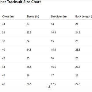May include: A size chart for women's leather tracksuits, specifically for the jacket (hoodie). The chart lists sizes S through 5XL, with measurements for chest, sleeve, shoulder, back length, and cuff in inches.