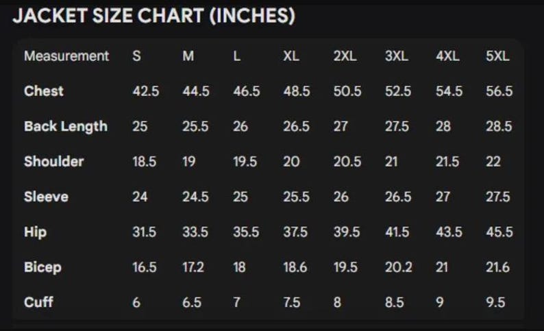 May include: A jacket size chart in inches, detailing chest, back length, shoulder, sleeve, hip, bicep, and cuff measurements. Sizes range from S to 5XL. Measurements are provided in inches. The chart is displayed on a dark background.
