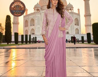 Lavender Pink Real Chinon Jacket Saree, Embroidered Fusion Party Wear (Ready to Wear)