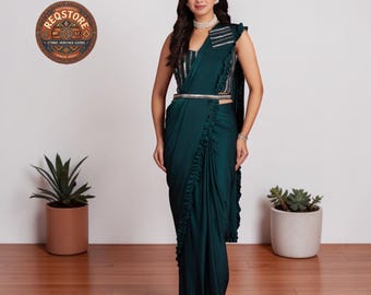Peacock Green Lycra Ready-to-Wear Saree, Frill Border, Lace Blouse, Belt