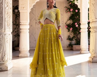 Lime Yellow Georgette Lehenga Choli with Pearl Work, Designer Indian Wedding Lehenga, Bridesmaid Party Wear Outfit