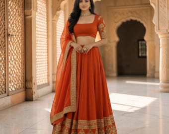 Rust Orange Georgette Lehenga Choli with Sequins Work Dupatta, Indian Wedding Lehenga, Bridesmaid Party Wear Outfit