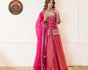 Pink Roman Silk Lehenga Choli with Long Kurti, Beads & Stones Embroidered Indian Wedding Dress, Designer Party Wear Lehenga Set