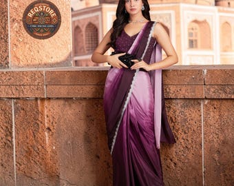 Maroon Lavender Ombre Chinnon Silk Saree, Sequins Blouse, Designer Indian Party Wear