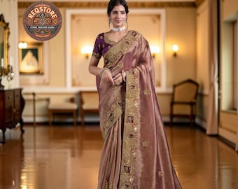 Wine Gold Organza Silk Saree, Khatli Sequin Work, Bridal Festive Wear