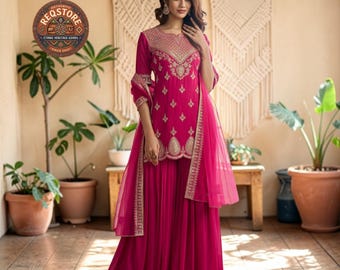 Pink Indian Partywear Salwar Kameez - Wedding Guest Outfit - Designer Palazzo Suit with Dupatta, Kurti Pants