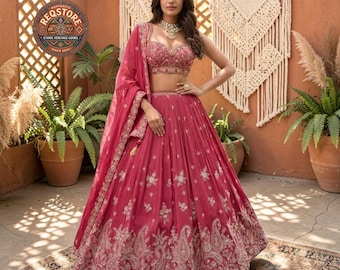 Dark Pink Chinon Lehenga Choli with Embroidered Dupatta, Designer Indian Wedding Lehenga, Bridesmaid Party Wear Outfit