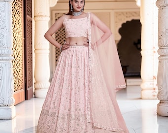 Pastel Pink Georgette Lehenga Choli with Embroidered Dupatta, Designer Indian Wedding Lehenga, Bridesmaid Party Wear Outfit