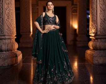 Deep Green Georgette Lehenga Choli with Embroidered Dupatta, Designer Indian Wedding Lehenga, Festive Party Wear Outfit for Women